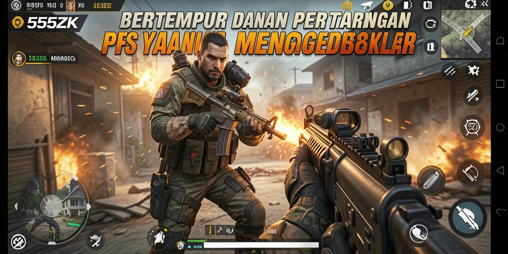 Screenshot gameplay 555ZK dengan aksi tembak menembak yang intens.