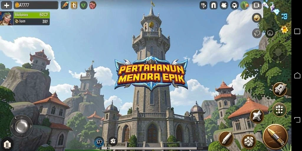 Tangkapan layar gameplay A7777 yang menampilkan pertarungan menara yang seru.