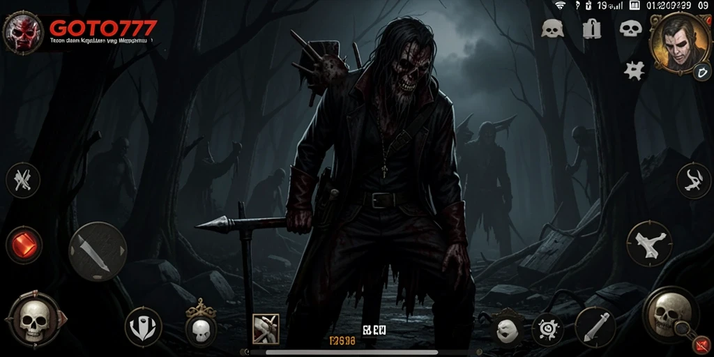 Screenshot gameplay GOTO77 yang menunjukkan suasana horor yang mencekam.