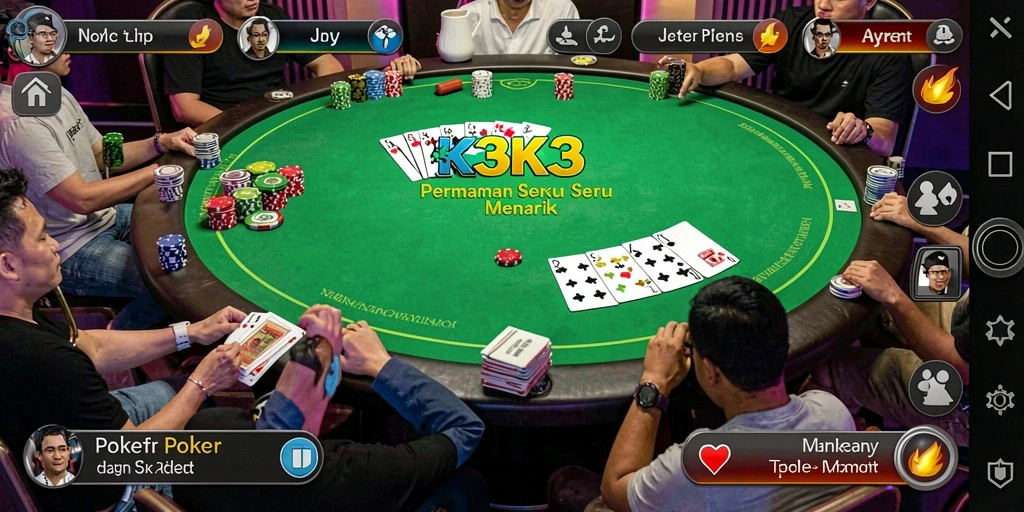 Screenshot utama K3K3 menampilkan aksi seru permainan Poker.
