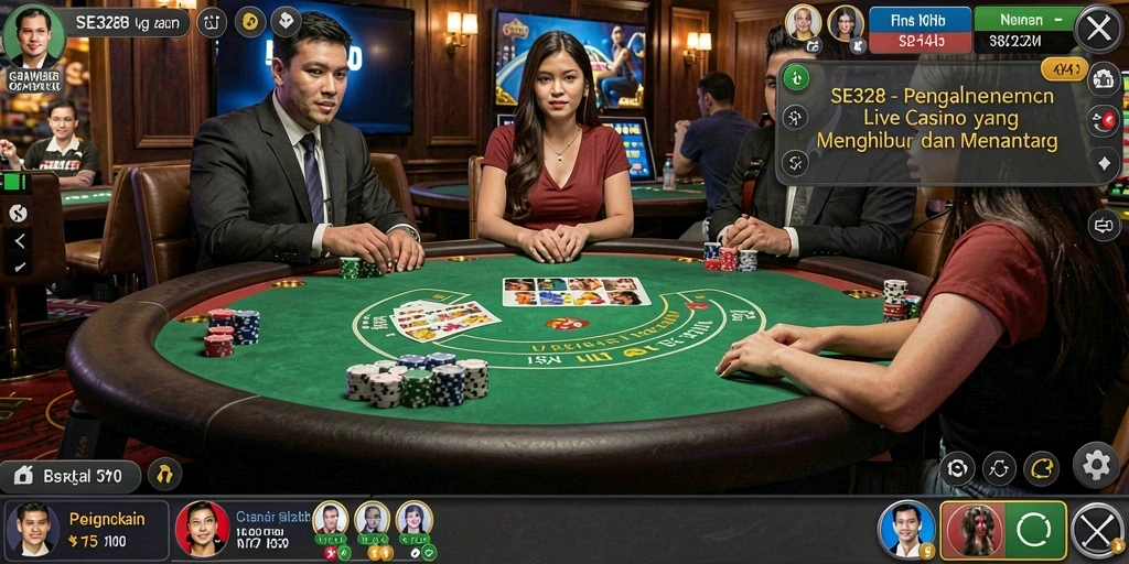Screenshot gameplay SE328 menampilkan dealer profesional dalam permainan Live Casino.