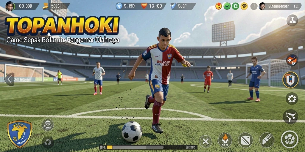 Screenshot gameplay TOPANHOKI menampilkan aksi sepak bola yang dinamis dan grafis yang memukau.