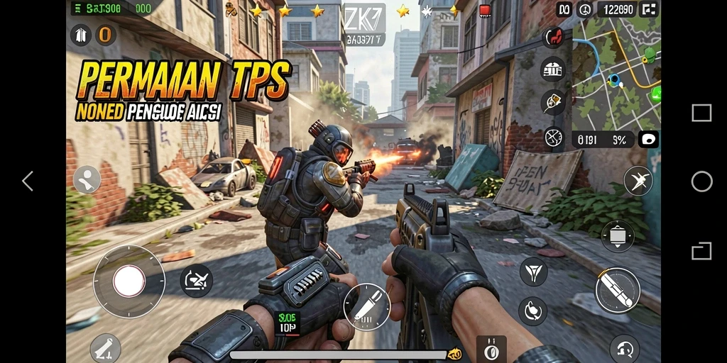 Screenshot gameplay ZK7 yang menampilkan aksi tembak-menembak yang intens.